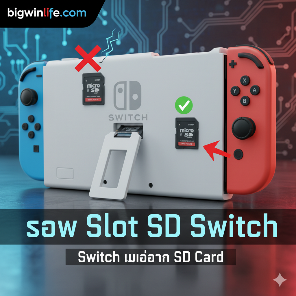 ภาพหน้าปกที่ดึงดูดความสนใจ แสดงเครื่อง Nintendo Switch (รุ่น Original หรือ OLED) ในมุมมองด้านหลังที่เปิดขาตั้ง (Kickstand) ออก เผยให้เห็นช่องใส่ Micro SD Card Slot (Slot SD Switch) อย่างชัดเจน เน้นสีแดงและน้ำเงินของจอยคอน (Joy-Cons) และมีไอคอนหรือภาพกราฟิกแสดงสัญลักษณ์ 'X' หรือ 'Broken' บนการ์ด SD และมีเครื่องหมาย '✓' หรือ 'Fixed' บนช่องใส่การ์ดใหม่ ใช้ฟอนต์ตัวหนาเน้นคำว่า 'ซ่อม Slot SD Switch' หรือ 'Switch ไม่อ่าน SD Card' ในสไตล์เทคโนโลยีเกมมิ่ง สีสันสดใสแต่มีความคมชัด