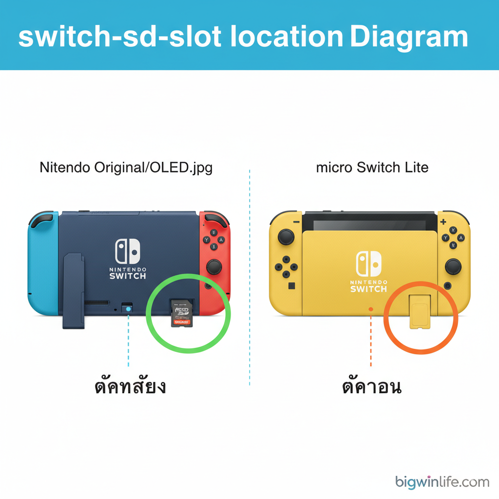 ภาพฟังก์ชันที่แสดงตำแหน่งของ Micro SD Card Slot บน Nintendo Switch อย่างชัดเจน โดยแบ่งเป็น 2 ส่วน: ส่วนแรกแสดงด้านหลังของ Nintendo Switch (Original/OLED) พร้อมลูกศรชี้ไปที่ขาตั้งที่เปิดออก และวงกลมเน้นช่องเสียบด้านใน ส่วนที่สองแสดงด้านล่างของ Nintendo Switch Lite พร้อมลูกศรชี้ไปที่ช่องเสียบและฝาปิดเล็กๆ ใช้สไตล์ไดอะแกรม (Diagram) ที่สะอาดตา มีเส้นประหรือลูกศรสีสดใสชี้ตำแหน่งสำคัญ พร้อมข้อความกำกับสั้นๆ เช่น 'ด้านหลัง' และ 'ด้านล่าง' เพื่ออธิบายฟังก์ชันและตำแหน่งของช่องเสียบ