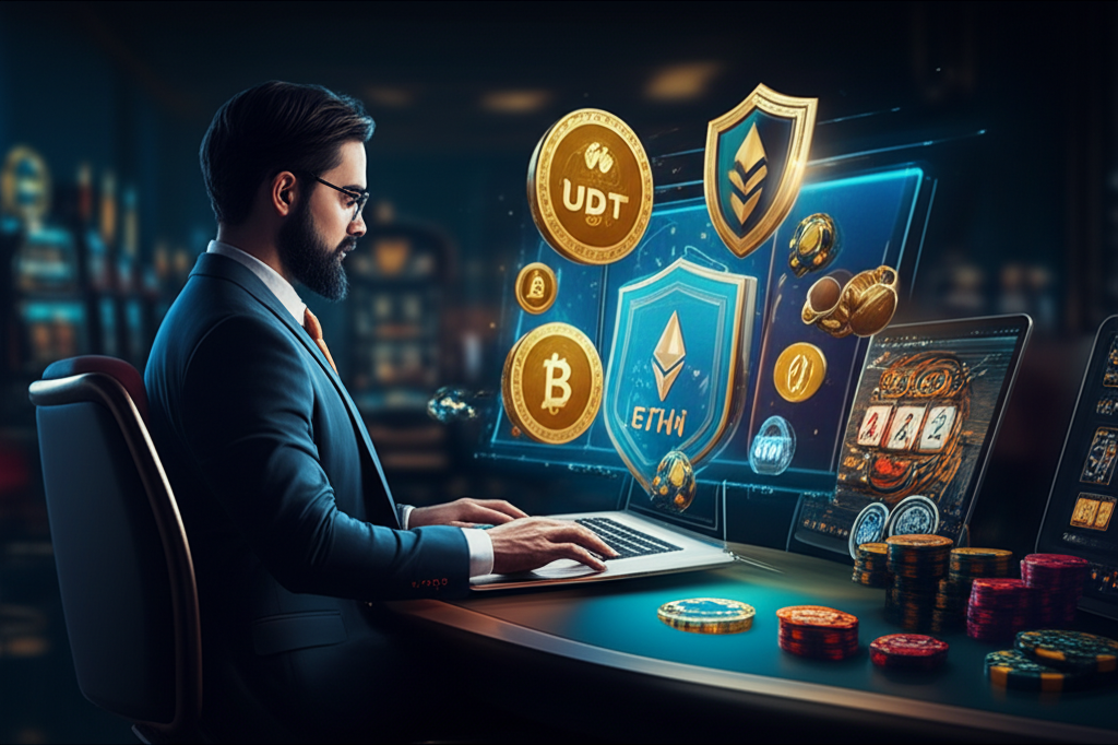 Hình ảnh minh họa bảo mật và trải nghiệm an toàn khi chơi casino tiền điện tử tại bigwinlife với biểu tượng tiền điện tử và công nghệ bảo mật đa lớp