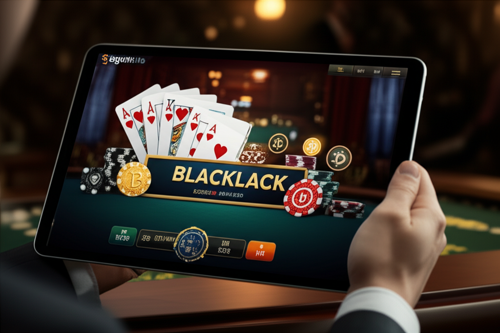 Giao diện trò chơi bigwinlife Blackjack độc quyền trên nền tảng casino trực tuyến với biểu tượng tiền điện tử và trải nghiệm VIP hiện đại
