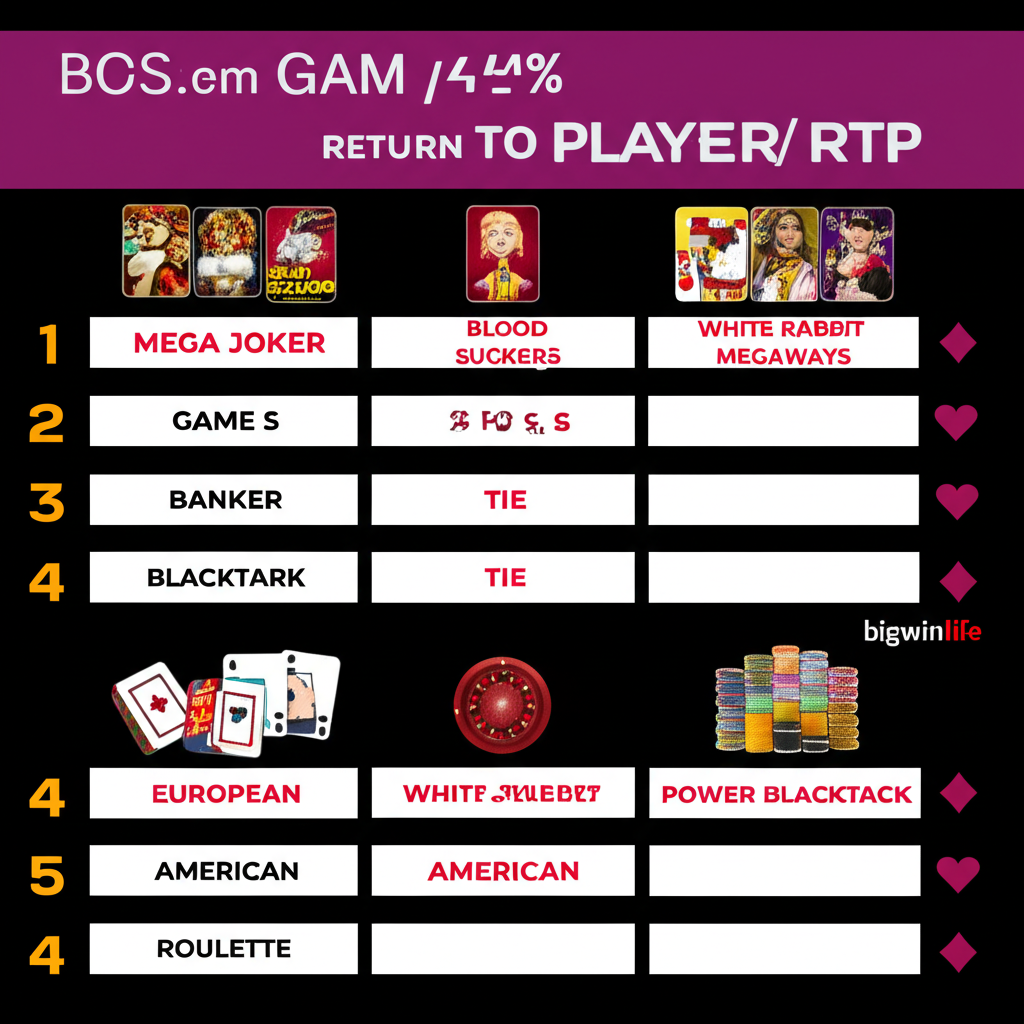 Biểu đồ so sánh tỷ lệ RTP của các trò chơi casino phổ biến trên bigwinlife như slot, baccarat, blackjack và roulette