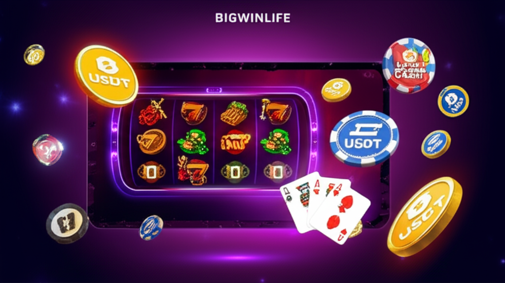 Giao diện casino trực tuyến hiện đại với các trò chơi slot, baccarat, blackjack, roulette và tỷ lệ RTP trên nền tảng bigwinlife