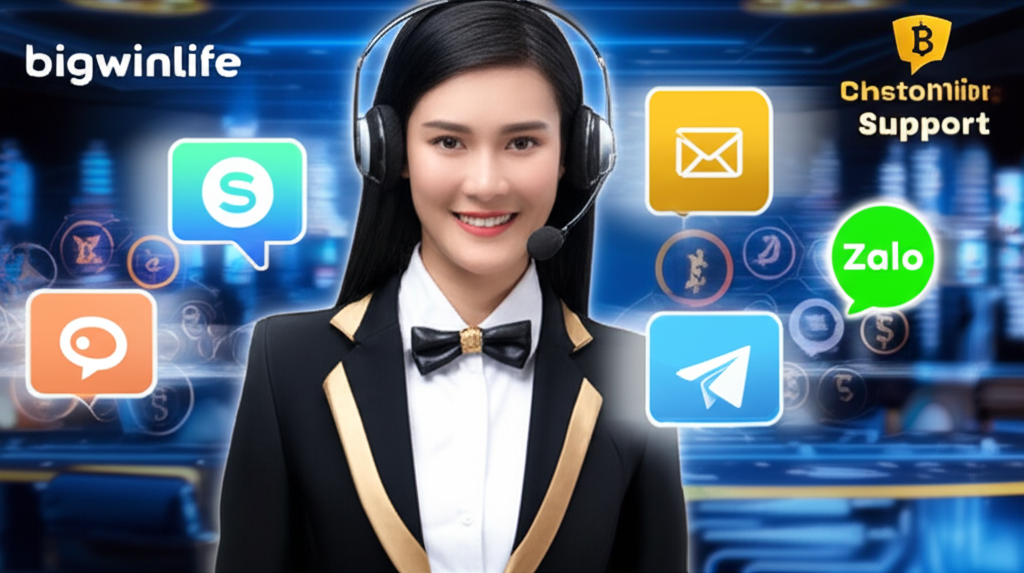 Hình ảnh đại diện dịch vụ hỗ trợ khách hàng chuyên nghiệp 24/7 của bigwinlife với các kênh liên lạc đa dạng và biểu tượng tiền điện tử