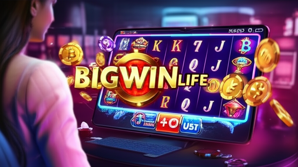 Hình ảnh nền tảng casino trực tuyến bigwinlife với slot game độc quyền đa dạng chủ đề và biểu tượng tiền điện tử, thể hiện cơ hội thắng lớn và trải nghiệm chuyên nghiệp