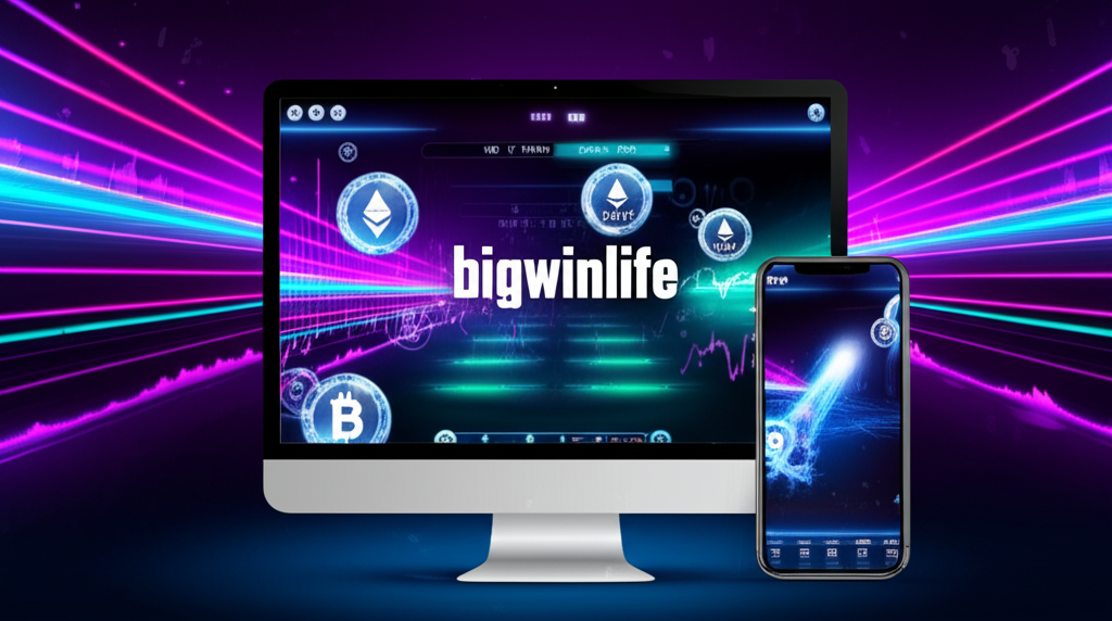 Giao diện trò chơi Crash tốc độ cao với biểu tượng tiền điện tử và logo bigwinlife trên nền công nghệ hiện đại