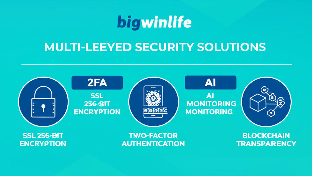 Minh họa infographic công nghệ bảo mật đa lớp gồm mã hóa SSL, xác thực hai yếu tố, giám sát AI và blockchain tại bigwinlife