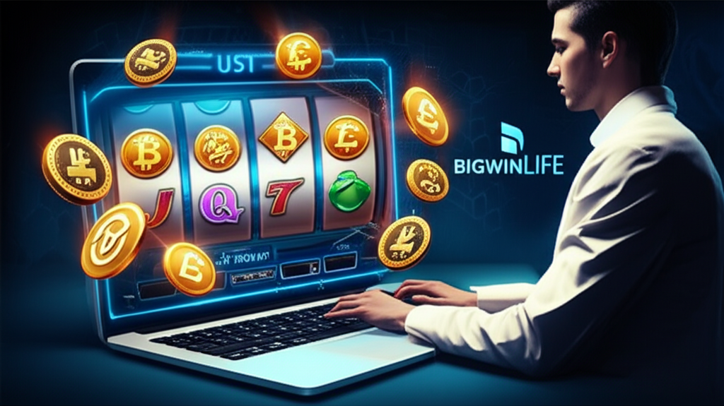 Hình ảnh minh họa casino trực tuyến hiện đại với tỷ lệ RTP cao, biểu tượng tiền điện tử USDT và logo bigwinlife, thể hiện sự uy tín và trải nghiệm chơi game an toàn