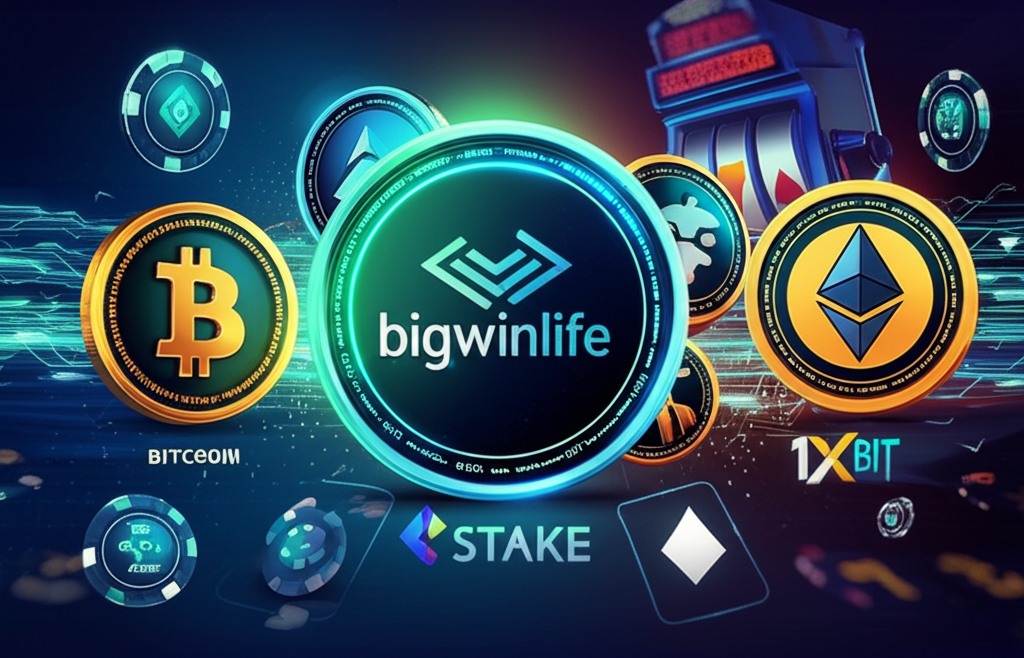 Infographic style cover image illustrating cryptocurrency transaction speed comparison among bigwinlife, Stake, Bitcasino, and 1xBit with casino and crypto elements