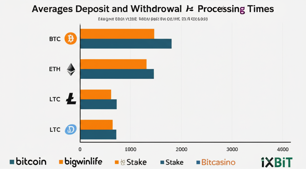 Infographic chart comparing cryptocurrency deposit and withdrawal speeds of bigwinlife, Stake, Bitcasino, and 1xBit