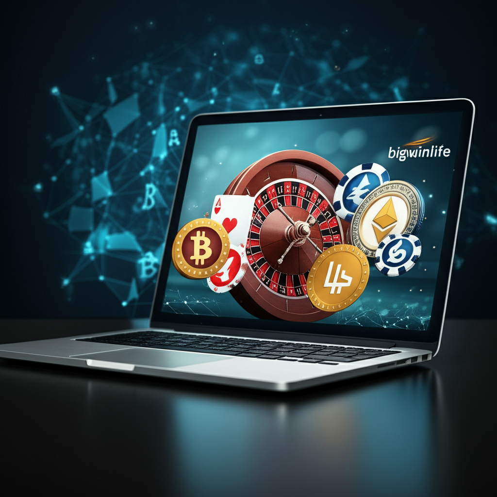 Giao diện casino trực tuyến tiền điện tử hiện đại với các trò chơi blackjack, roulette và slot, biểu tượng tiền điện tử và logo bigwinlife