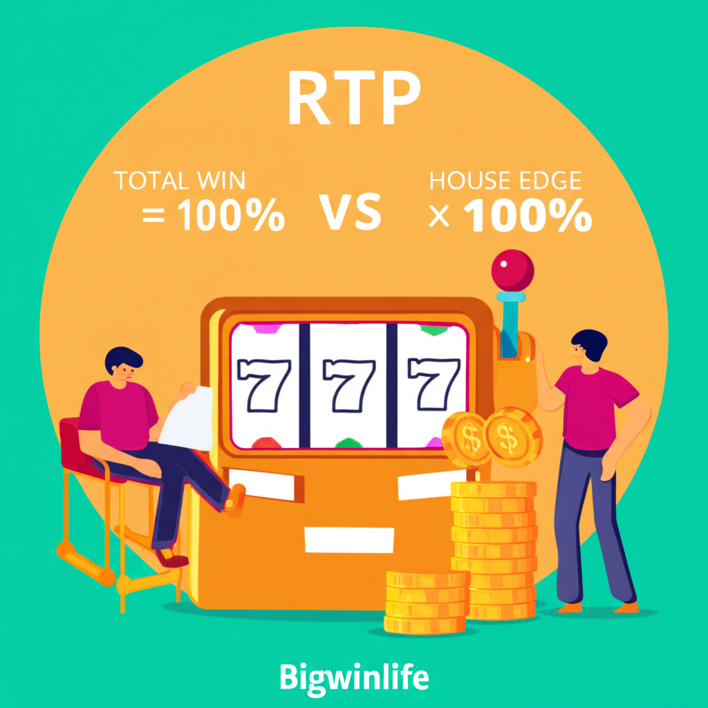 Infographic giải thích công thức và ý nghĩa của tỷ lệ trả thưởng RTP trong casino trực tuyến bigwinlife