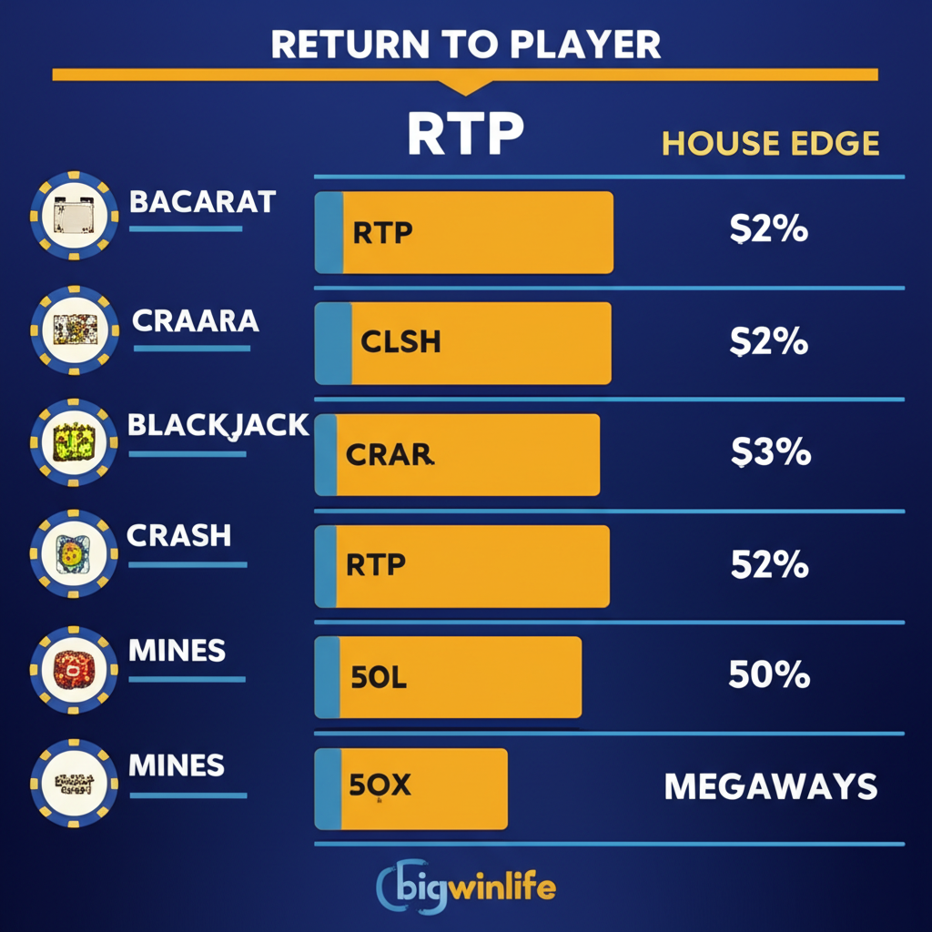 Infographic giải thích về RTP và lợi thế nhà cái trong casino trực tuyến, minh họa các trò chơi phổ biến tại bigwinlife