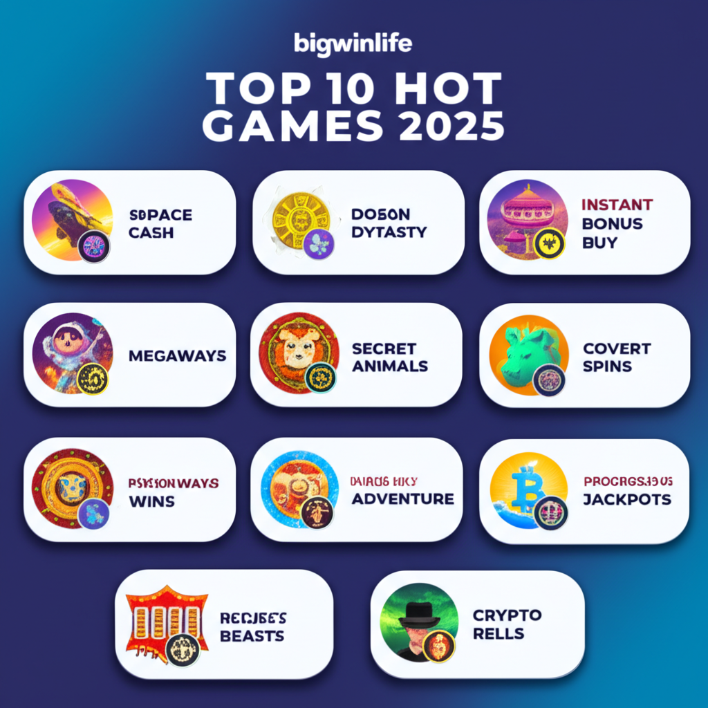 Infographic các chủ đề slot game hot nhất năm 2025 trên bigwinlife với các tính năng nổi bật như Megaways và jackpot lũy tiến