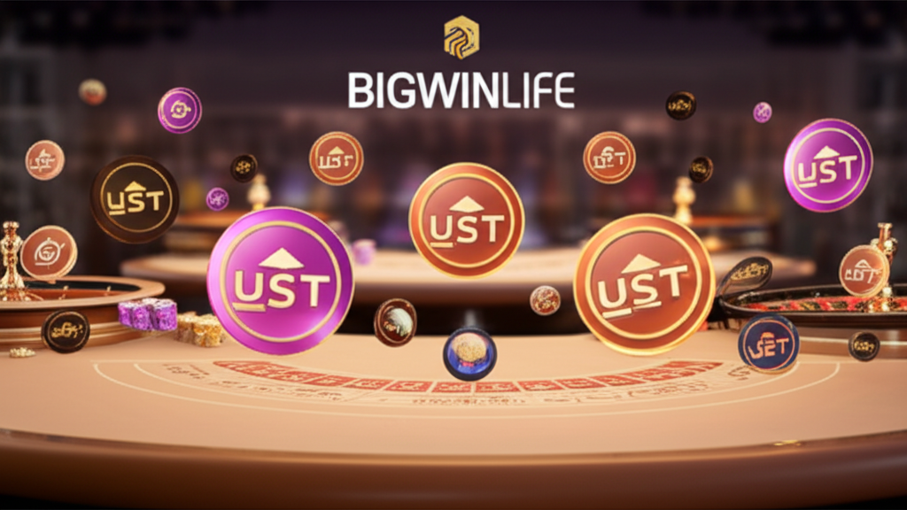 Giao diện casino trực tuyến hiện đại với bàn Baccarat và Roulette, biểu tượng tiền điện tử và thương hiệu bigwinlife, thể hiện trải nghiệm chơi an toàn và chuyên nghiệp.
