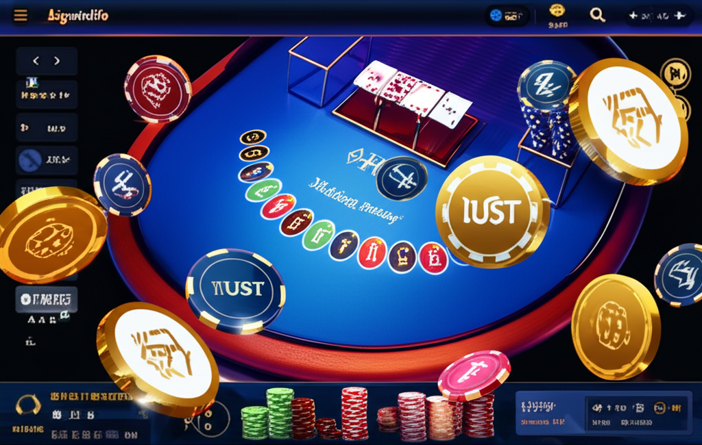 Giao diện casino trực tuyến hiện đại với trò chơi Baccarat và biểu đồ chiến thuật Martingale, biểu tượng tiền điện tử và thương hiệu bigwinlife