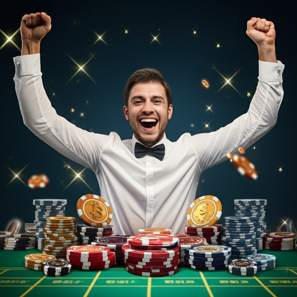 Người chơi thành công áp dụng chiến thuật Martingale khi chơi Baccarat tại bigwinlife, ăn mừng chiến thắng với tiền điện tử và chip cược