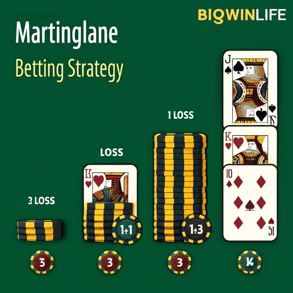 Minh họa chiến thuật gấp thếp Martingale trong Blackjack với các bước cược tăng dần tại bigwinlife