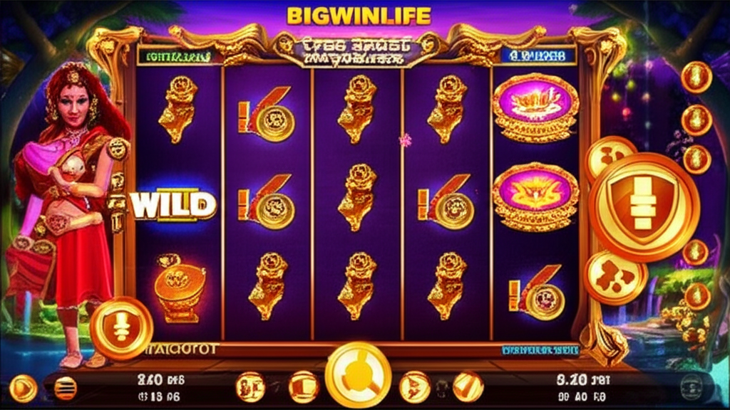 Giao diện slot game với các tính năng đặc biệt như vòng quay miễn phí, Wild, multiplier và jackpot tại bigwinlife