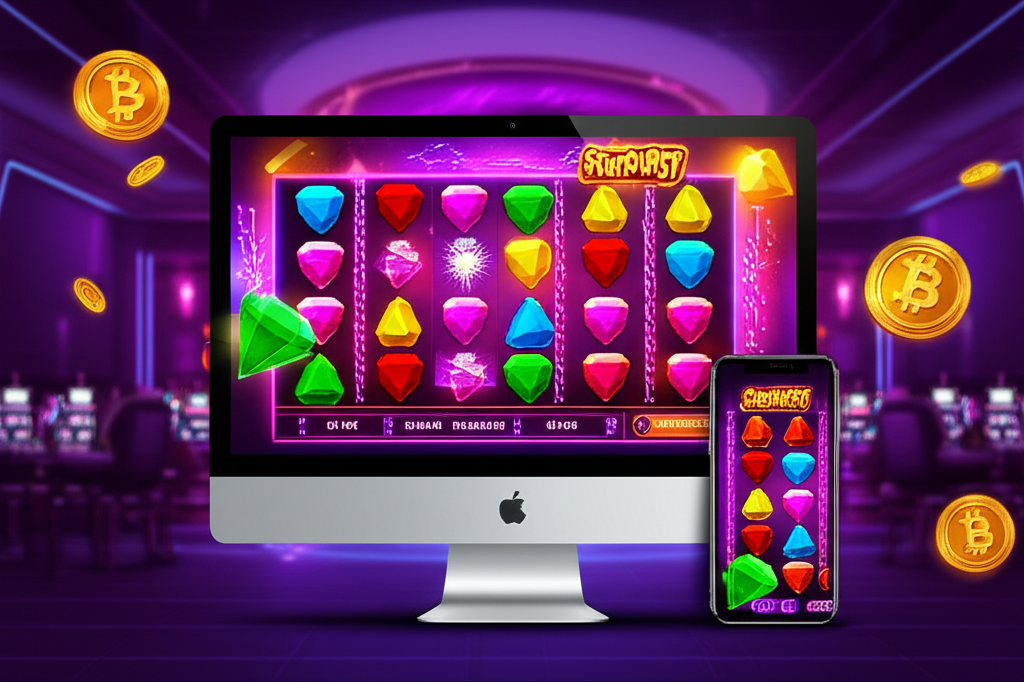Giao diện trò chơi slot độc quyền Starburst bigwinlife với hiệu ứng ánh sáng neon và biểu tượng đá quý, thể hiện trải nghiệm casino trực tuyến tiền điện tử hiện đại tại bigwinlife