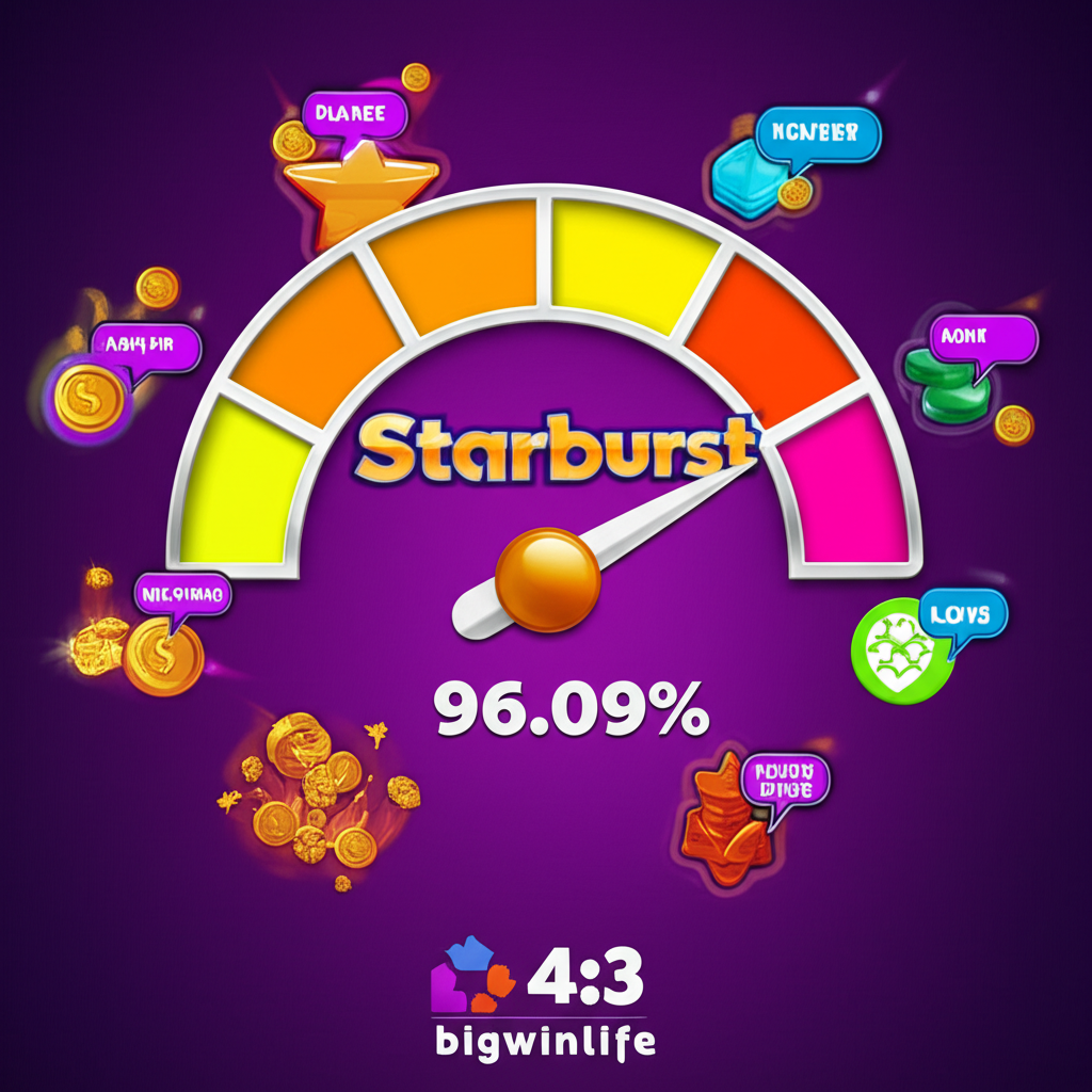 Biểu đồ RTP 96.09% của trò chơi Starburst bigwinlife, minh họa lợi ích cho người chơi với tỷ lệ trả thưởng cao và biến động thấp
