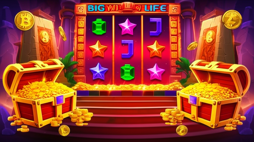 Hình ảnh minh họa slot game chủ đề phiêu lưu với cổng thần bí, kho báu và biểu tượng tiền điện tử tại bigwinlife