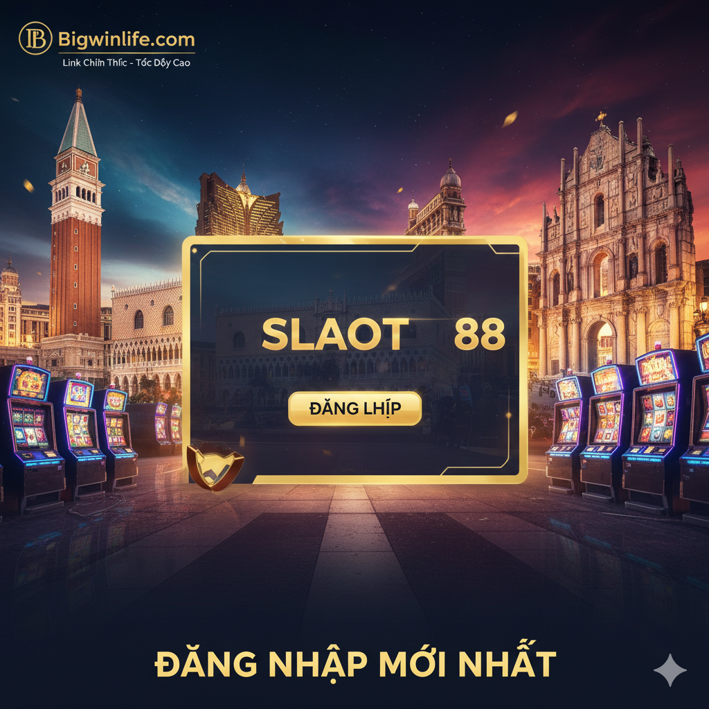 Macau Slot 88 Đăng Nhập Mới Nhất 2025. Giao diện có logo Macau Slot 88, nút 'LOGIN' và 'ĐĂNG NHẬP', có thương hiệu Bigwinlife.com và dòng chữ 'Link Chính Thức - Tốc Độ Cao' bằng tiếng Việt. Hình ảnh sử dụng tông màu vàng kim và đỏ/xanh sang trọng.
