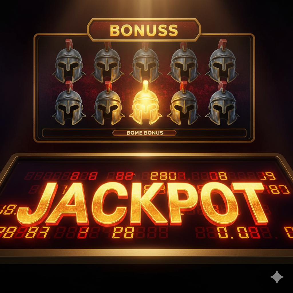 一张突出Progressive Jackpot优势的图片。中心是一个巨大的、滚动中的老虎机'Jackpot'金额显示器，金额数字应非常醒目，使用亮金色或红色，暗示'เปลี่ยนชีวิต (Life-Changing)'。背景是Gladiator Jackpot Bonus的界面，即9个待选的角斗士头盔（Gladiator Helmets）并列，其中至少有一个头盔被点亮成'ทองคำ (Gold)'。整体光线应从上方照下，聚焦在奖金数字上，营造出希望与财富的强烈对比。