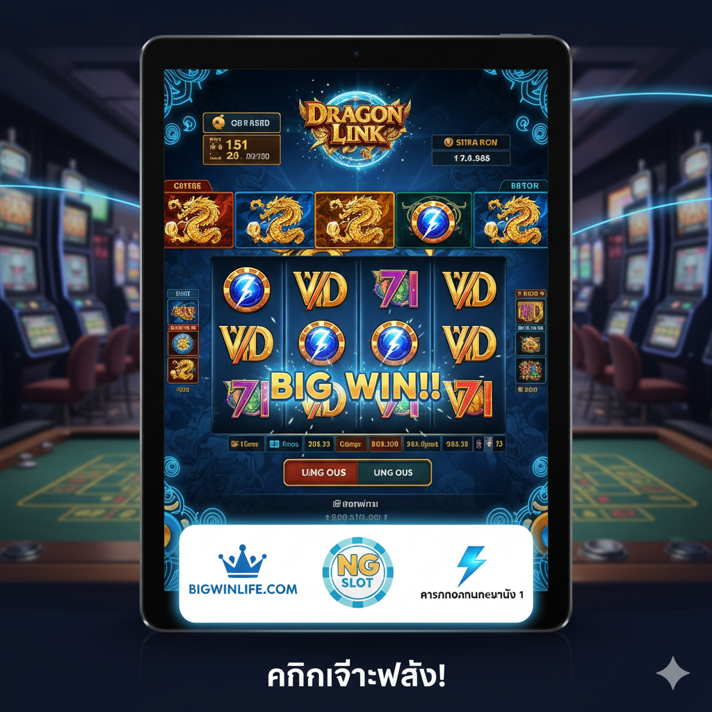 ภาพสรุปและเชื่อมโยงไปยังคาสิโนออนไลน์ไทย ภาพควรแสดงหน้าจอแท็บเล็ตหรือสมาร์ทโฟนที่กำลังเล่นเกมสล็อตออนไลน์ที่มีธีมคล้าย Dragon/Lightning Link โดยมีโลโก้คาสิโนออนไลน์สมมติ (หรือตัวแทนสัญลักษณ์) วางเรียงอยู่ด้านล่างหน้าจอ โทนสีฟ้าและขาว (สื่อถึงความน่าเชื่อถือของแพลตฟอร์มออนไลน์) องค์ประกอบเน้นการเปลี่ยนผ่านจากสล็อตในคาสิโนจริงไปสู่สล็อตออนไลน์ที่เข้าถึงได้ง่ายบนมือถือ พร้อมคำกระตุ้นให้คลิก (Call-to-Action) เบา ๆ