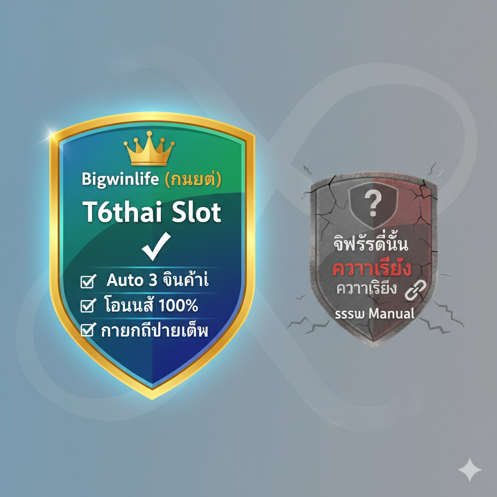 一张突出T6thai Slot通过Bigwinlife平台的优势和可信度的对比图。核心元素应为两个盾牌或奖章，一个标有'Bigwinlife (แนะนำ)' (Recommended) 另一个标有'เว็บไซต์อื่น' (Other Websites)。Bigwinlife侧的盾牌应更大、更亮，带有'Auto 3 วินาที', 'โบนัส 100%', 'การันตีจ่ายเต็ม'等文字，并使用绿色或蓝色表示安全和信任。另一侧则用灰色或红色，带有问号或一个断裂的链接符号，突出'ความเสี่ยง' (Risk) และ'ระบบ Manual' (Manual System)。