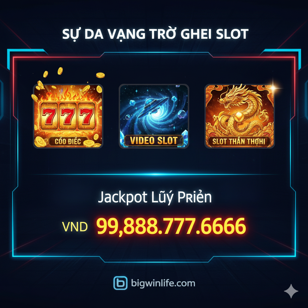 Hình ảnh giới thiệu sự đa dạng của Slot Game, với một màn hình số động hiển thị nhiều chủ đề Slot khác nhau như 777, Video Slot và một số tiền Jackpot Lũy Tiến khổng lồ.