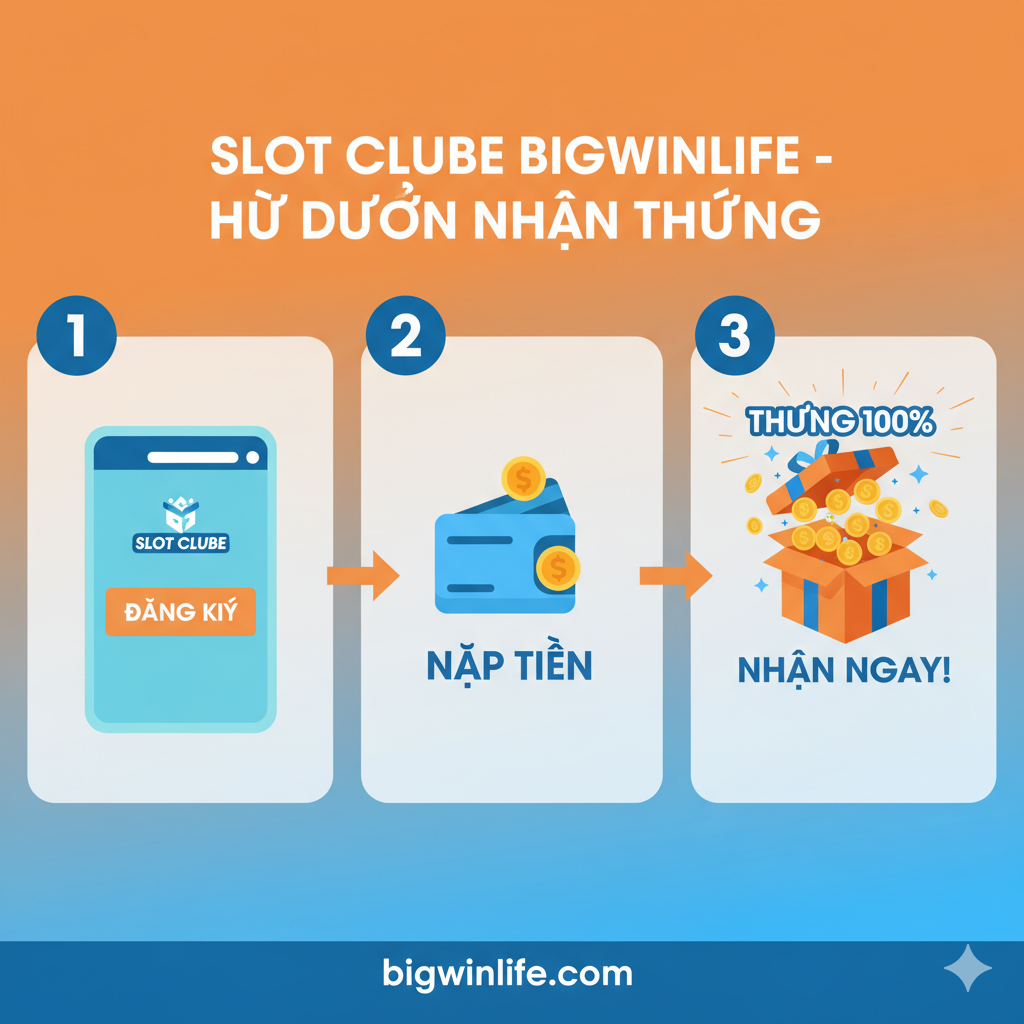 Hình ảnh hướng dẫn 3 bước: Đăng ký, Nạp tiền, và Nhận thưởng Chào mừng 100% với hộp quà lớn mở ra và các đồng xu vàng.