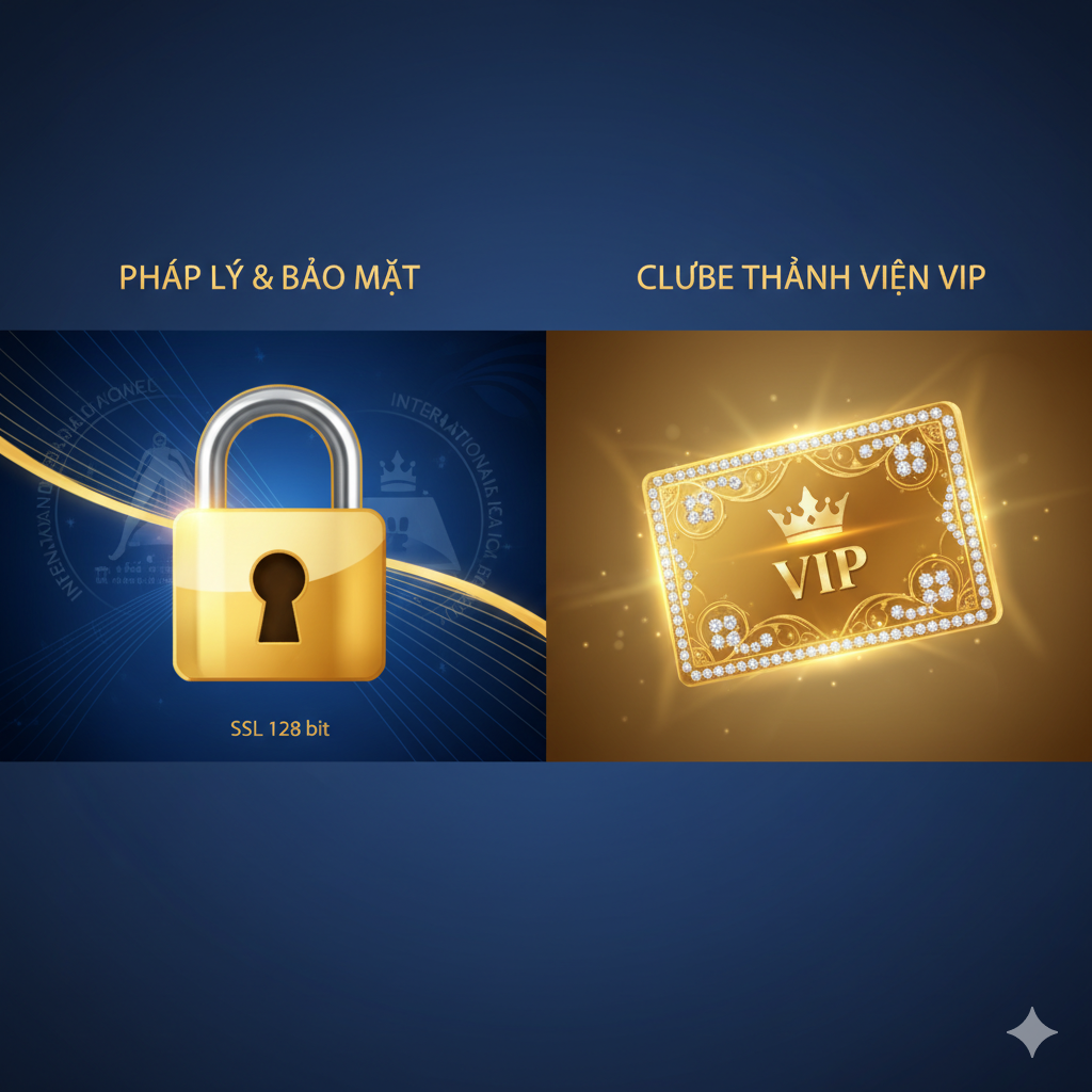 Hình ảnh nhấn mạnh lợi thế về 'Uy Tín' và 'VIP Clube' của Bigwinlife. Bên trái là ổ khóa bảo mật và giấy phép, bên phải là thẻ VIP kim cương hoặc huy hiệu thể hiện dịch vụ thành viên độc quyền và cao cấp.