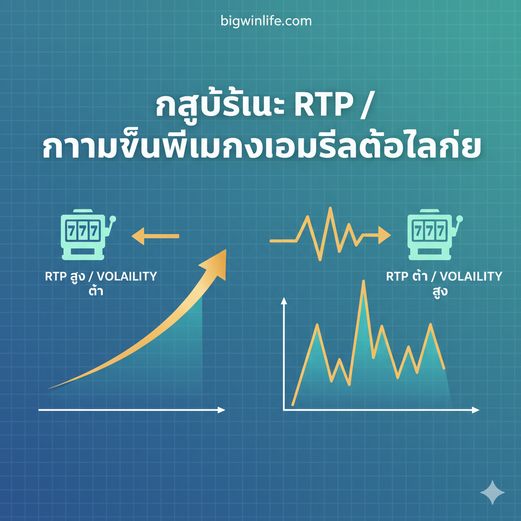 ภาพแนะนำกลยุทธ์สล็อตที่อธิบายแนวคิด RTP และความผันผวน