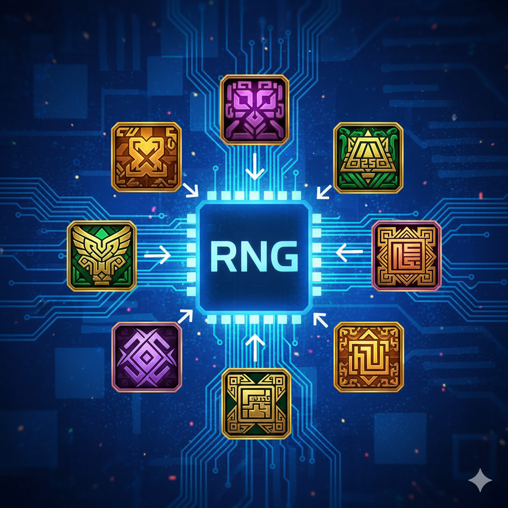 一张科技感十足的信息图,展示“功能”即 RNG(随机数生成器)的工作原理。图片中心是一个发光的“RNG”芯片图标,周围有随机的箭头指向 PG Slot 游戏中的各种符号(例如来自 Mahjong Ways 或 Treasures of Aztec 的符号),表明结果是完全随机的,而非由某个“强制符号”控制。背景采用蓝色和紫色的数字电路板图案。
