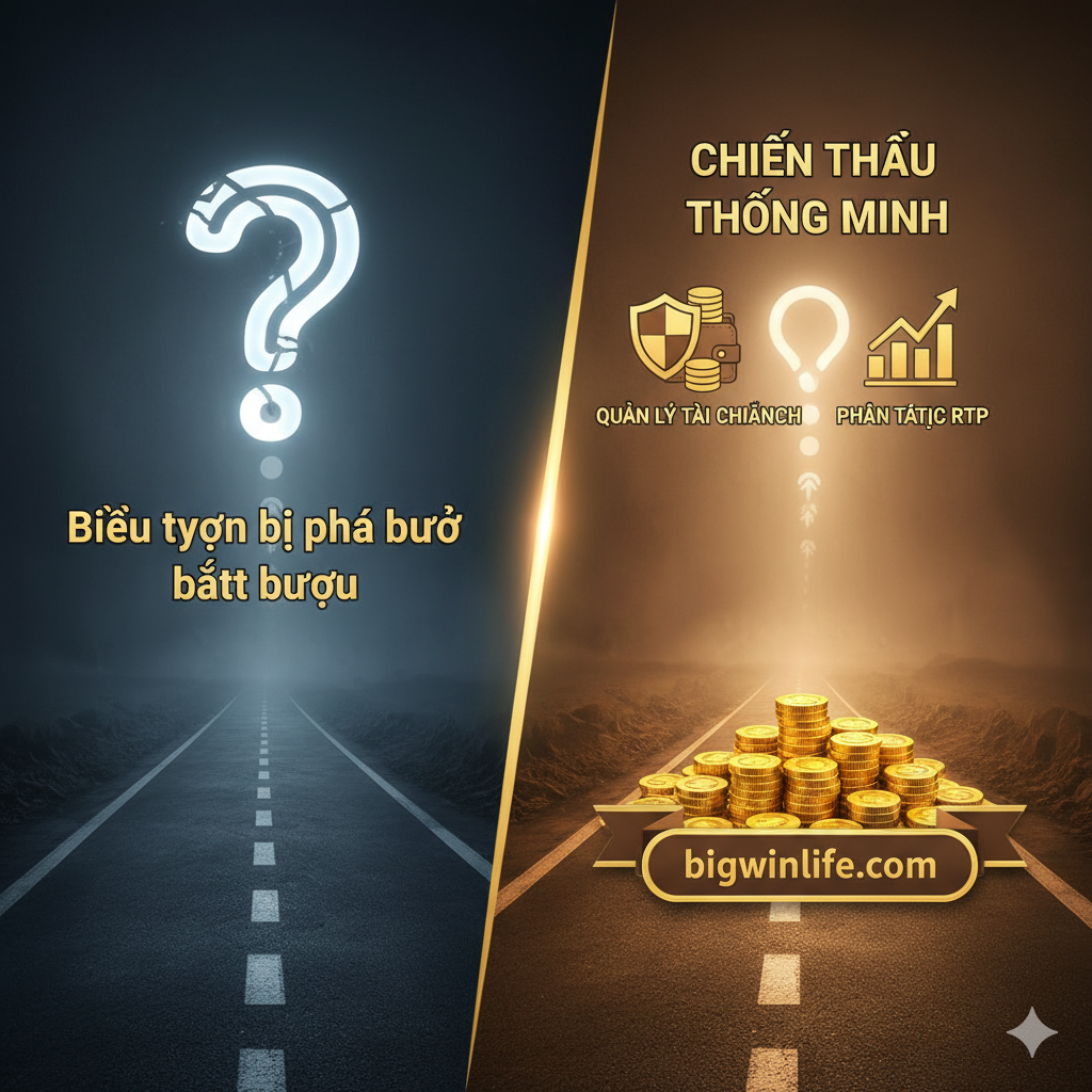 一张简洁的“总结”图片。左侧是一个巨大的越南语“KHÔNG”(不)或“SỰ THẬT”(真相)字样,叠加在一个破碎的、虚构的“强制符号”上。右侧是一个清单,列出了关键要u điểm, 带有绿色复选标记:“RNG (Ngẫu nhiên)”(随机)、“RTP (Tỷ lệ trả thưởng)”(回报率)和“Quản Lý Vốn”(资金管理)。bigwinlife.com 的标志在底部,作为可靠信息的来源。