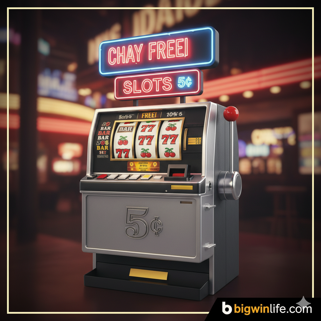 Một trang bìa hấp dẫn cho "free online nickel slot machine", với một máy đánh bạc 5 xu cổ điển ở trung tâm, hiển thị các biểu tượng BAR và 777, trên nền ánh đèn neon mờ ảo của sòng bạc.