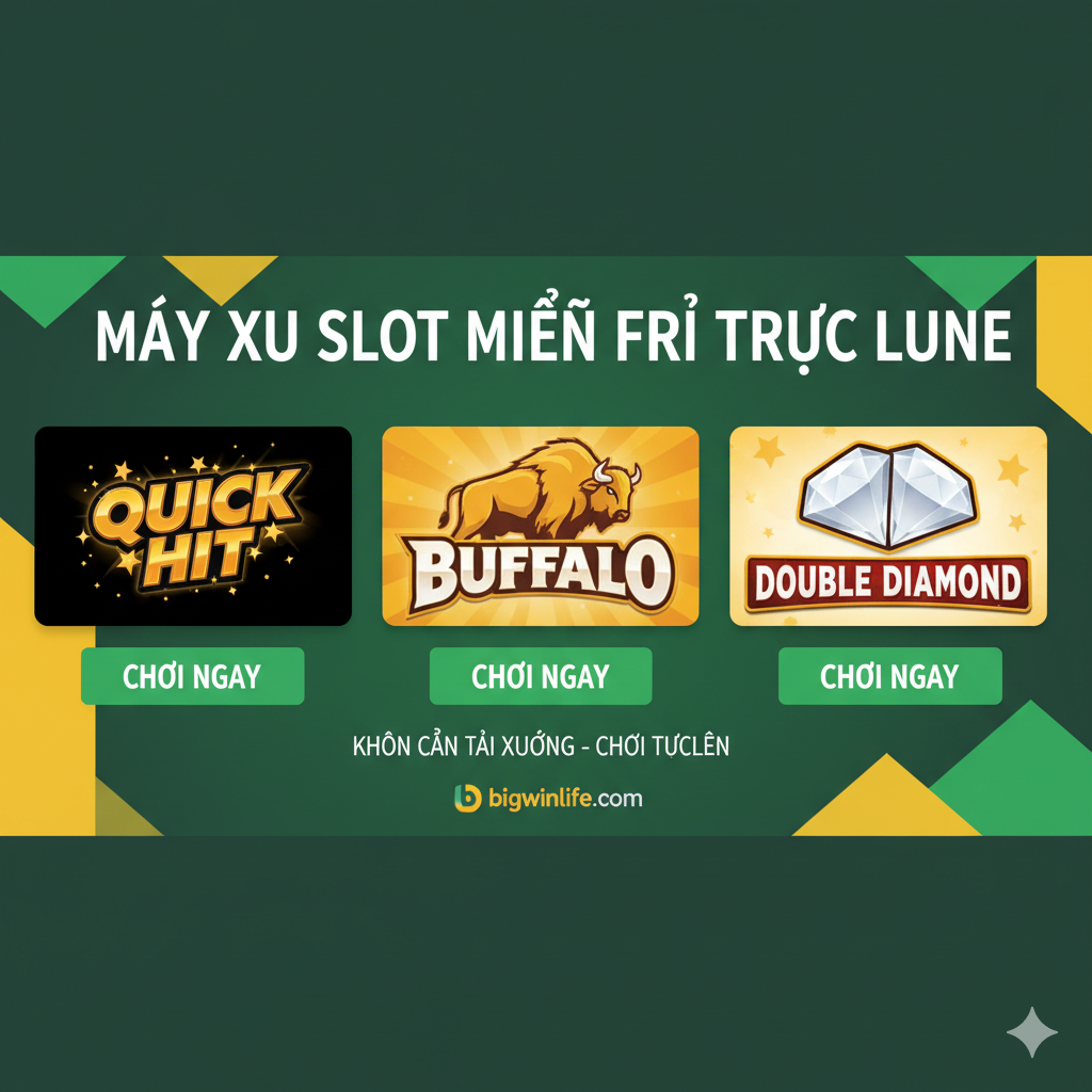 Một hình ảnh giao diện sảnh trò chơi ảo hiển thị lựa chọn các trò chơi nickel slot miễn phí như Quick Hit và Buffalo, với các nút "CHƠI NGAY" nổi bật, nhấn mạnh tính năng chơi trực tuyến không cần tải xuống.