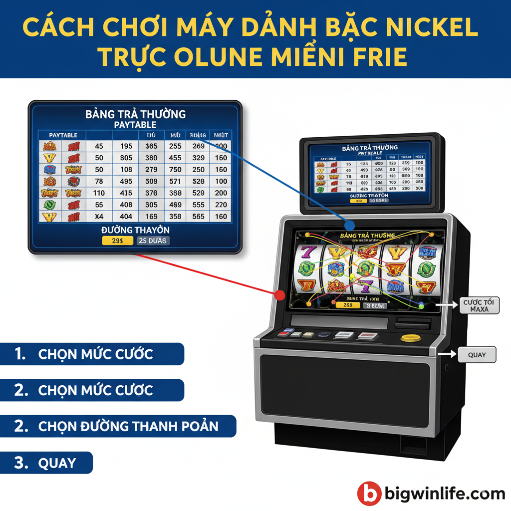 Một hình ảnh hướng dẫn đồ họa chỉ ra các phần chính của máy đánh bạc nickel, bao gồm "Paytable" (Bảng thanh toán) được phóng to, các "Paylines" (Hàng thanh toán) được đánh dấu, và các nút "Bet Max" (Cược tối đa) và "Spin" (Quay) được chỉ rõ.