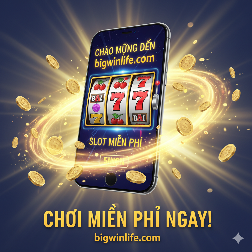 Một hình ảnh kêu gọi hành động (CTA) hiển thị một thiết bị di động đang chạy trò chơi nickel slot cổ điển với dòng chữ "Welcome to bigwinlife.com", xung quanh là ánh sáng rực rỡ và đồng xu vàng, cùng với văn bản tiếng Việt "CHƠI MIỄN PHÍ NGAY!".