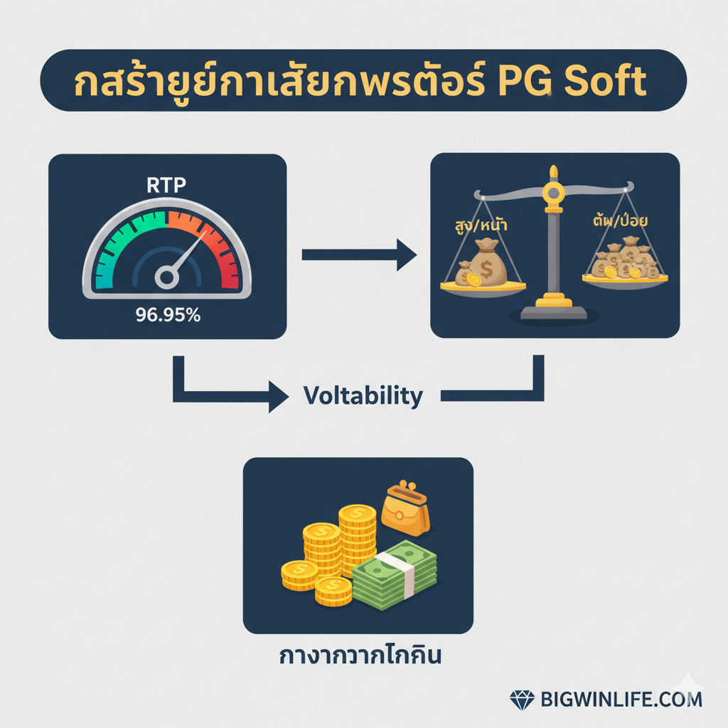 ภาพกลยุทธ์การเล่นสล็อต PG Soft โดยอิงตาม RTP และ Volatility