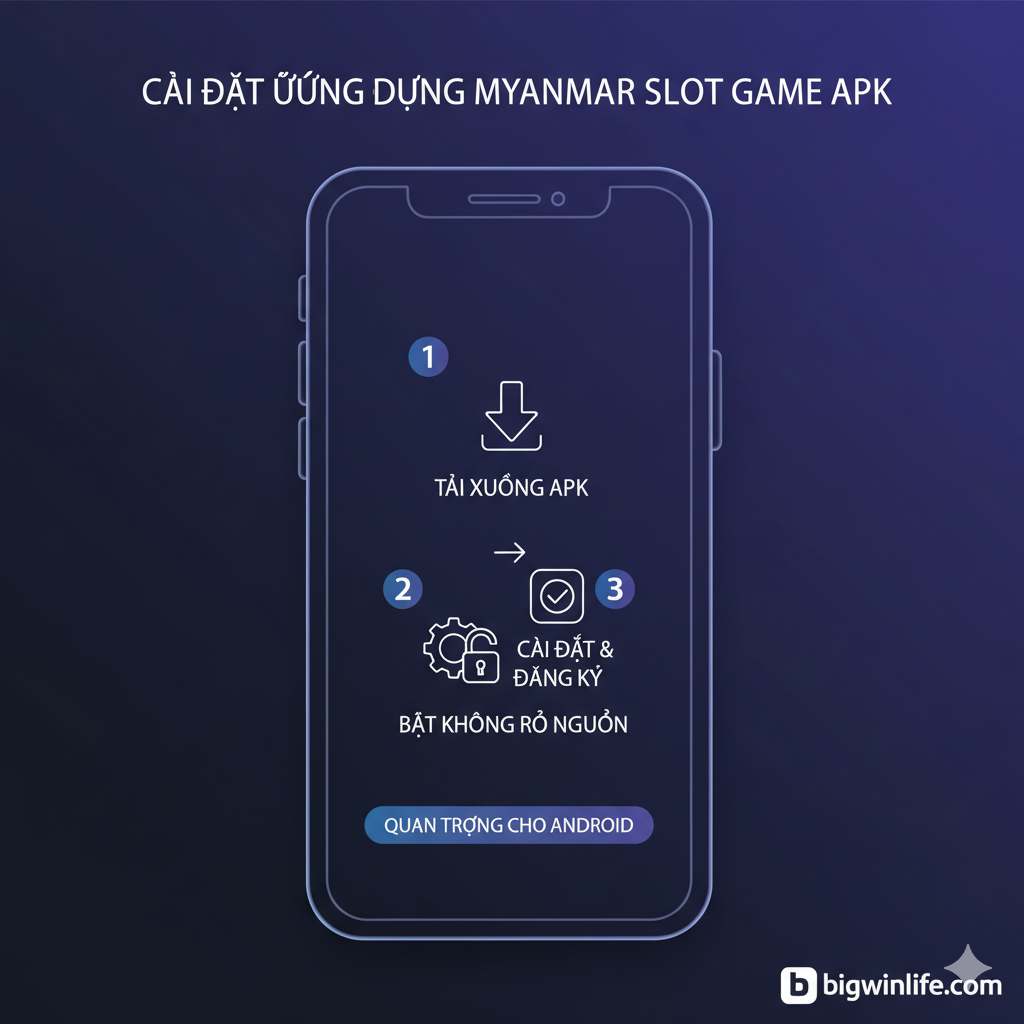 教程指导图，用简洁的图示说明APK安装的关键步骤。图片背景使用技术感强的深蓝色或紫色，体现安全性和专业性。主元素应是一个大的手机屏幕，上面以3个编号的简洁图标和箭头展示安装流程：1. Download APK图标（一个下载箭头）；2. Enable Unknown Sources（一个齿轮图标和锁头解锁的符号）；3. Install & Register（一个完成打勾的App图标）。下方配有小字提醒'Quan Trọng Cho Android'，确保用户能轻松理解如何下载和安装myanmar slot game apk。