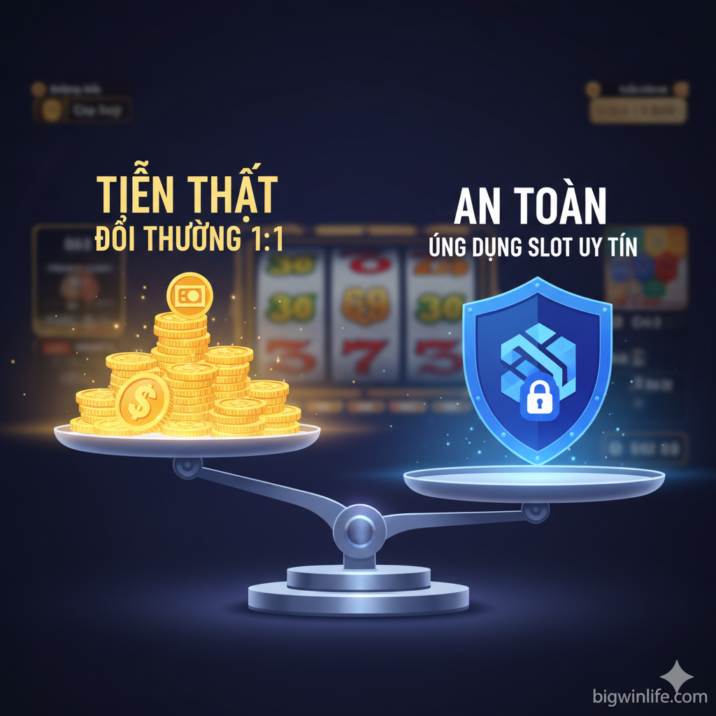 优势特点图，重点突出“Real Money”和“An Toàn (Security)”。图片设计应使用天平或盾牌的抽象概念。左侧一个闪亮的金币堆，上面标注'Real Money'和'Đổi Thưởng 1:1'，象征财富和公平。右侧是一个带有区块链（Blockchain）符号或加密（Encryption）图标的蓝色安全盾牌，代表trusted slot app myanmar。整体构图稳重，强调信任和透明度。背景可以有一个淡化的myanmar slot game界面，但焦点必须在安全和真钱交易的保证上。