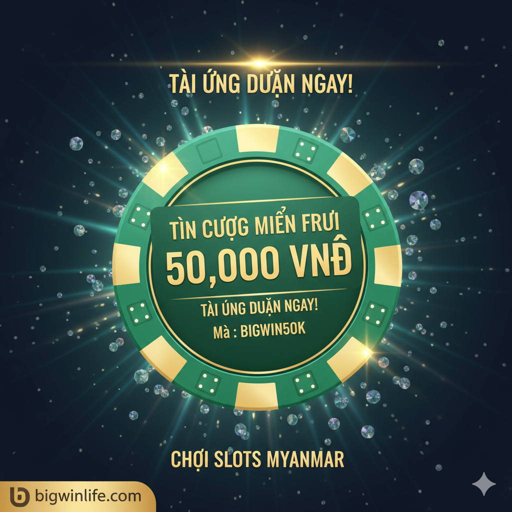 总结图，作为文章的收尾和强力CTA（Call To Action）。图片中心是一个巨大的金色或绿色代金券/筹码，上面写着'$50,000 FREE CREDIT'。代金券周围环绕着小而醒目的文字，如'Tải App Ngay!'和'Code: BIGWIN50K'，制造紧迫感和吸引 lực。背景应是光芒四射的，暗示机会和奖励。构图集中，导向性强，所有元素都指向download myanmar slot app和领取myanmar slot game free credit的最终行动，与文章末尾的CTA按钮呼应。