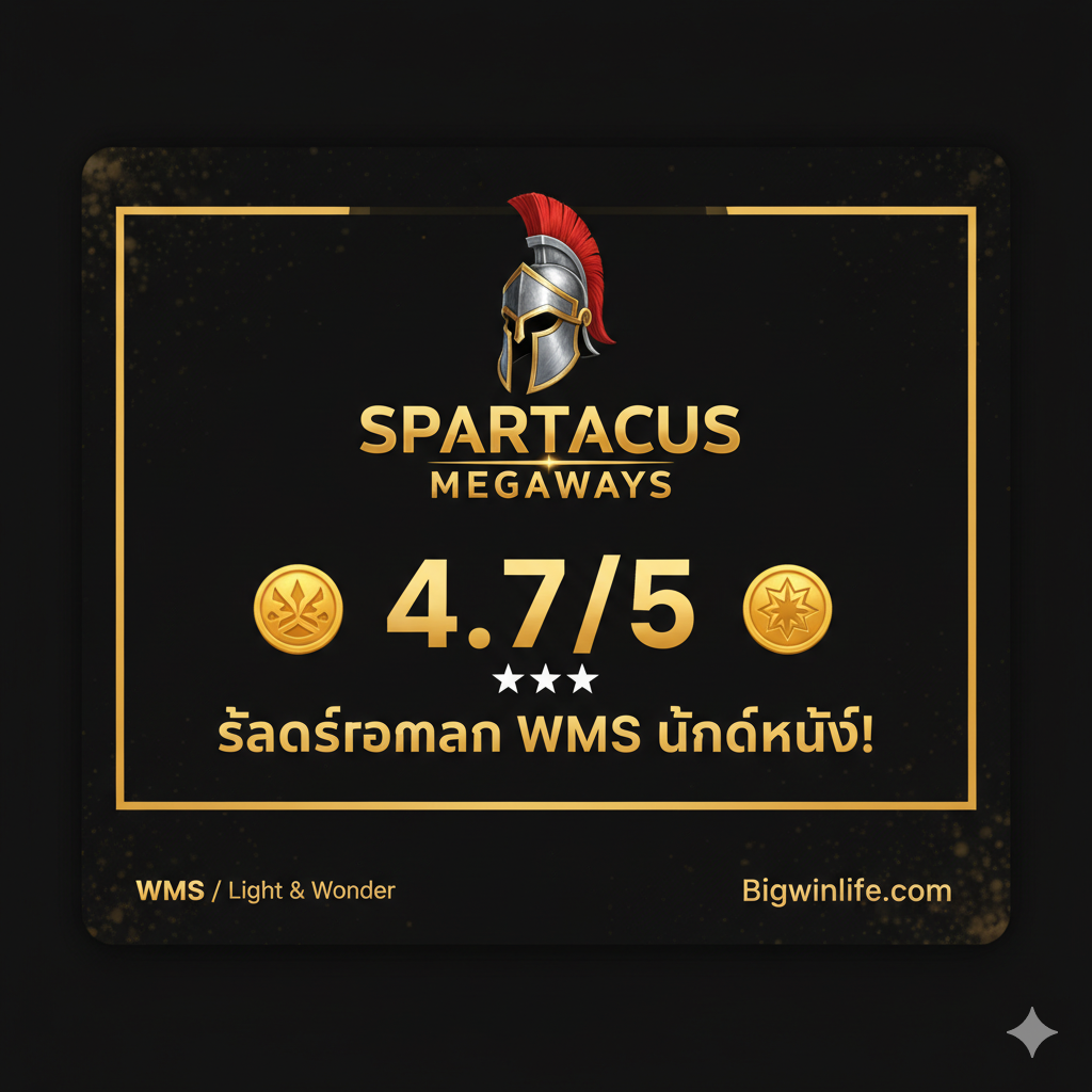 ภาพสรุปที่เป็นเหมือนบัตรคะแนนรีวิว (Review Card) สำหรับเว็บไซต์ Bigwinlife.com แสดงคะแนนรีวิว 4.7/5 ดาว อย่างชัดเจน พร้อมสัญลักษณ์ของเกม เช่น หมวกกลาดิเอเตอร์ หรือโลโก้ Spartacus มีประโยคสรุปที่ทรงพลังเป็นภาษาไทย เช่น 'สล็อตโรมัน WMS แตกหนัก!' และแสดงโลโก้ค่าย WMS/Light & Wonder เล็กน้อยเพื่อสร้างความน่าเชื่อถือ ภาพมีพื้นหลังสีเข้มและใช้ฟอนต์ตัวหนาที่อ่านง่าย สื่อถึงความเป็นมืออาชีพและการแนะนำเกมชั้นนำ