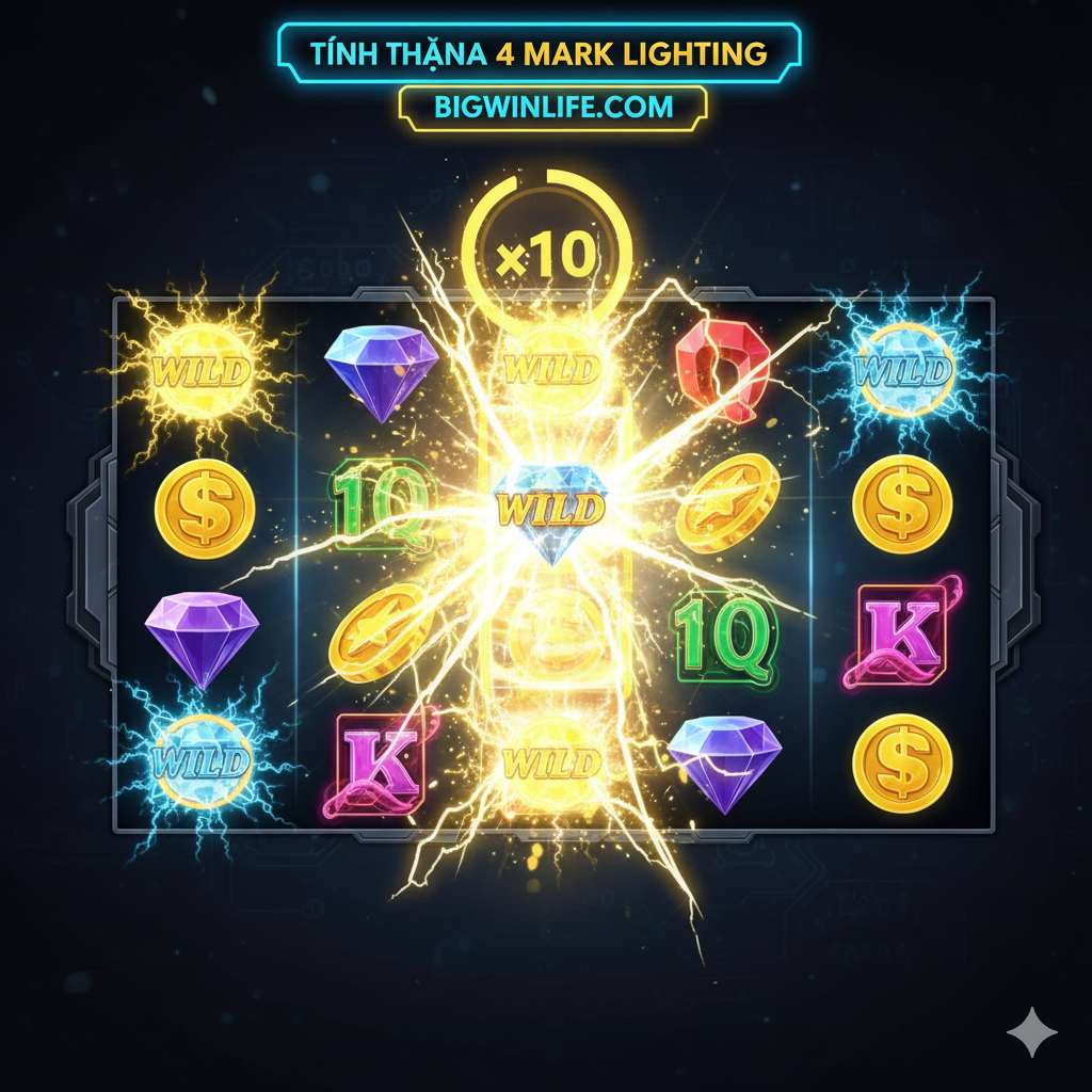 Ảnh minh họa tính năng '4 Mark Lighting' độc đáo của game. Ảnh chụp cận cảnh (Close-up) một phần của màn hình cuộn quay slot 5x4. Bốn ô ngẫu nhiên trên cuộn quay được đánh dấu rõ ràng bằng các tia chớp neon sáng chói (Mark) màu vàng hoặc xanh điện. Một biểu tượng Wild (hoặc biểu tượng Jackpot) vừa rơi trúng một trong các ô Mark đó và đang kích hoạt hiệu ứng Expanding Wild (mở rộng toàn cuộn) hoặc Multiplier (nhân hệ số thưởng), thể hiện bằng hiệu ứng ánh sáng bùng nổ xung quanh cuộn quay đó. Phong cách tối màu, làm nổi bật ánh sáng Mark.