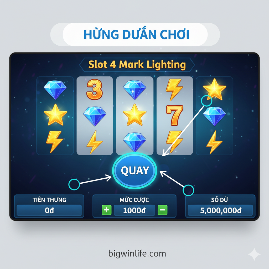 Ảnh minh họa hướng dẫn chơi game. Hình ảnh mô phỏng giao diện chơi game Slot 4 Mark Lighting trên máy tính hoặc điện thoại. Ảnh phải chỉ rõ các khu vực quan trọng: nút 'Spin' (Quay) ở trung tâm (có thể có hiệu ứng nhấp nháy), khu vực hiển thị 'Mức cược' (Bet Amount), và khu vực hiển thị 'Tiền thưởng' (Win/Balance). Có thể dùng các mũi tên hoặc vòng tròn đơn giản, sạch sẽ để đánh dấu vị trí các nút chức năng chính (như + và - để điều chỉnh cược) mà không làm ảnh hưởng đến độ thẩm mỹ của ảnh. Ảnh nên có tông màu rõ ràng, dễ nhìn, mang lại cảm giác dễ dàng thao tác.