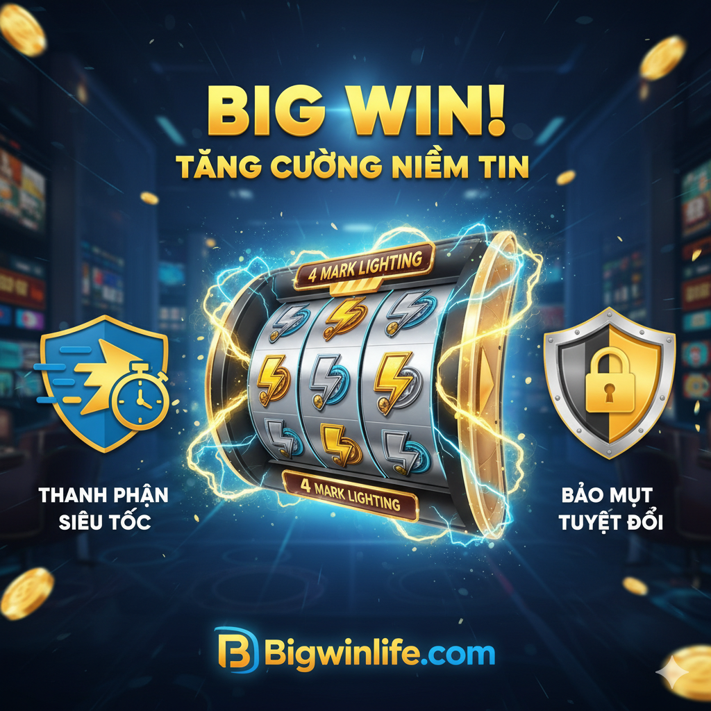 Ảnh minh họa lợi thế khi chơi tại Bigwinlife. Hình ảnh cần kết hợp chủ đề game lightning với các biểu tượng uy tín của sòng bạc trực tuyến. Có thể là một cuộn quay Slot 4 Mark Lighting đang 'Big Win' hoặc 'Jackpot', nhưng phải nổi bật các yếu tố: Biểu tượng 'Thanh toán siêu tốc' (tốc độ, mũi tên nhanh), biểu tượng 'Bảo mật' (ổ khóa hoặc khiên), và logo 'Bigwinlife.com'. Màu sắc nên tươi sáng hơn một chút để thể hiện sự đáng tin cậy và chuyên nghiệp của nền tảng.