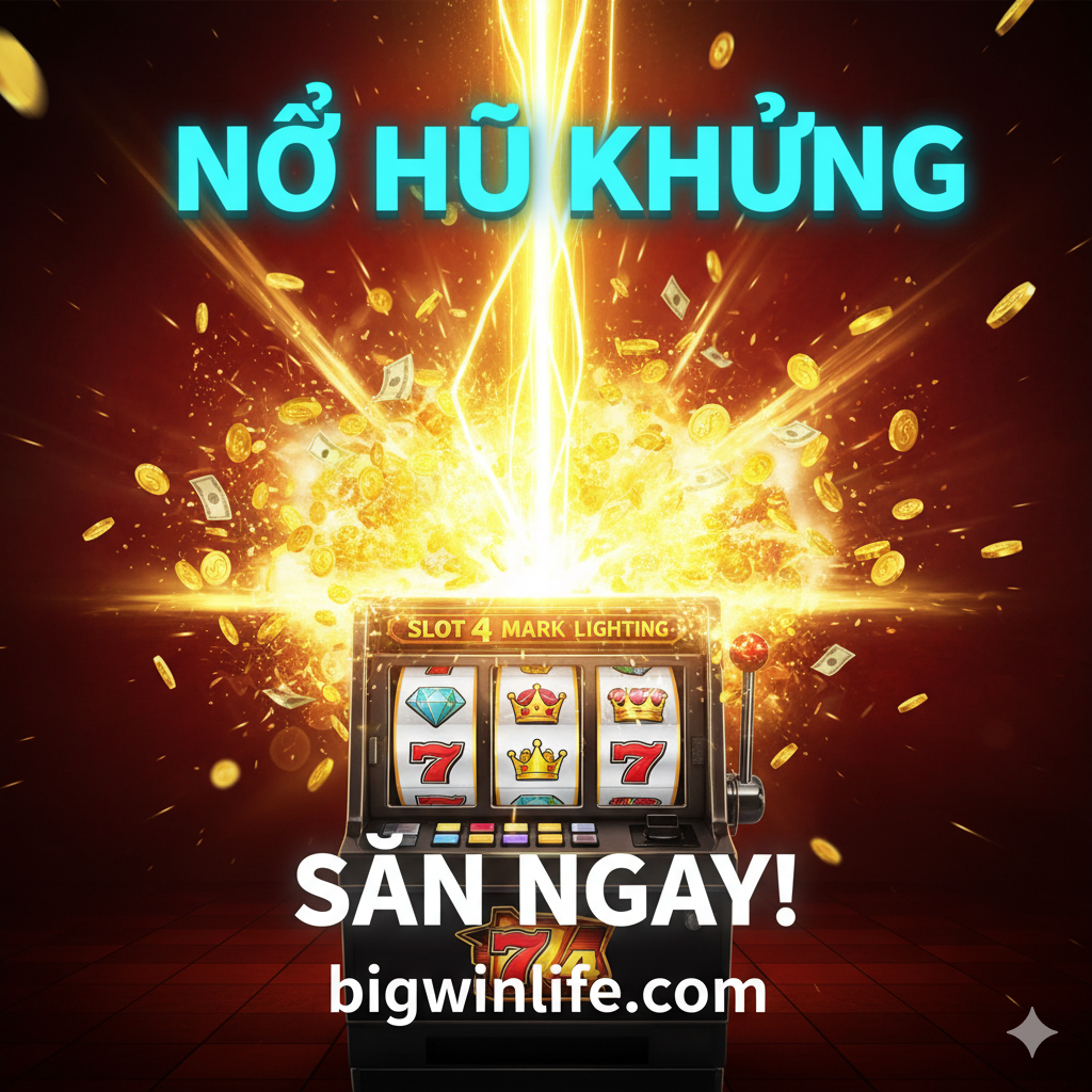 Ảnh tóm tắt/kết luận, tập trung vào Jackpot. Hình ảnh một cú 'Nổ Hũ' (Jackpot) hoành tráng từ Slot 4 Mark Lighting. Một luồng ánh sáng cực mạnh, giống như một tia sét lớn, đánh thẳng vào màn hình, làm tung tóe vàng, tiền xu và các biểu tượng chiến thắng. Từ 'JACKPOT' hoặc 'BIG WIN' phải được viết cực lớn và nổi bật, có hiệu ứng 3D hoặc neon phát quang. Ảnh cần truyền tải cảm giác chiến thắng tột đỉnh và kết thúc bài viết một cách mạnh mẽ, khuyến khích hành động.