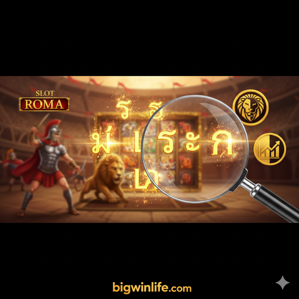 một trang bìa bắt mắt cho bài báo "Sự thật về các công thức Slot Roma". Hình ảnh hiển thị sự tương phản rõ rệt giữa ánh sáng và bóng tối. Phía bên trái là ảnh chụp màn hình mờ của trò chơi "Slot Roma" (các đấu sĩ La Mã, sư tử), phía trên là từ khóa tiếng Thái "สูตรสล็อตโรม่า" được chiếu sáng một cách bí ẩn. Phía bên phải rất rõ ràng, hiển thị một chiếc kính lúp đang xem xét kỹ lưỡng dòng chữ tiếng Thái, bên cạnh là biểu tượng "Thần thoại so với Thực tế". Tông màu tổng thể chuyên nghiệp và hấp dẫn, sử dụng các màu vàng, đỏ sậm và đen, và làm nổi bật logo bigwinlife.com.