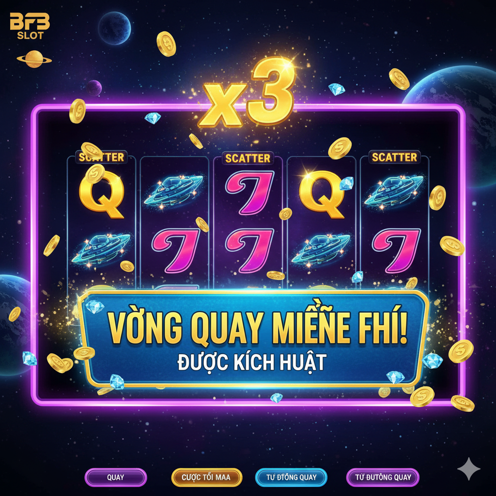 Hình ảnh minh họa cho các tính năng đặc biệt trong game, đặc biệt là Vòng Quay Miễn Phí (Free Spins) và Jackpot. Bố cục tập trung vào giao diện cuộn quay slot, nơi 3 hoặc nhiều biểu tượng Scatter (ví dụ: biểu tượng Kim Cương hoặc Tàu Vũ Trụ) vừa xuất hiện, kích hoạt màn hình thông báo 'FREE SPINS activated!' hoặc 'BONUS GAME!'. Ảnh nên có hiệu ứng Multiplier (ví dụ: x3) bay lơ lửng, tông màu sống động, mang lại cảm giác kịch tính khi sắp nhận thưởng lớn.
